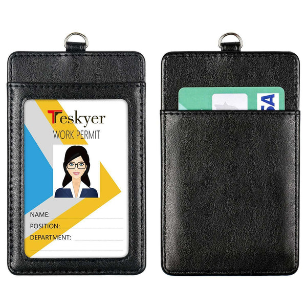Leather ID Badge Lanyard Holder Vertical Double Card Wallet PU Office Bus Card
