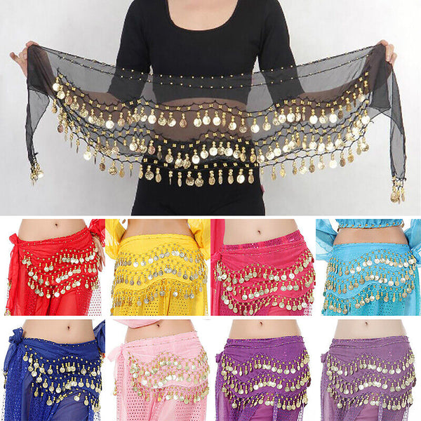 3Rows Belly Dance Dancing Hip Scarf Belt Chain Skirt Golden Tone 98 Coin Bead AU