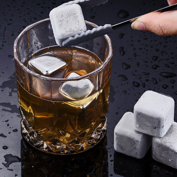 Stainless Steel Whiskey Stones x 8 Ice Cubes With Tong Reusable Cooling Ice Cube