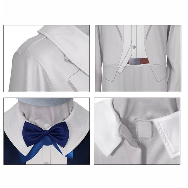 White Mr Wolf jumpsuit costume close-up – collar and bow tie detail