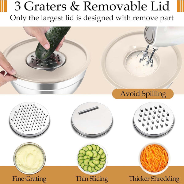 5 Piece Stainless Steel Mixing Bowl Set with Airtight Lids, Graters and Silicone Tongs – Kitchen Prep and Storage Set