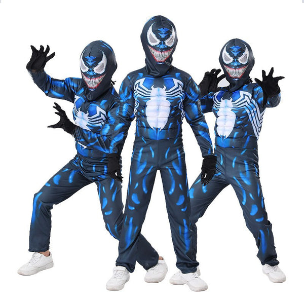 Three children posing in blue and black Venom costumes