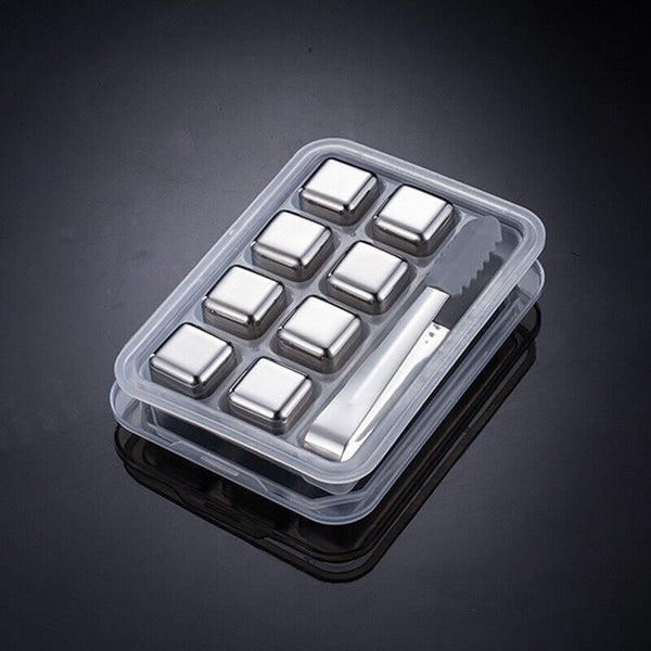 Stainless Steel Whiskey Stones x 8 Ice Cubes With Tong Reusable Cooling Ice Cube