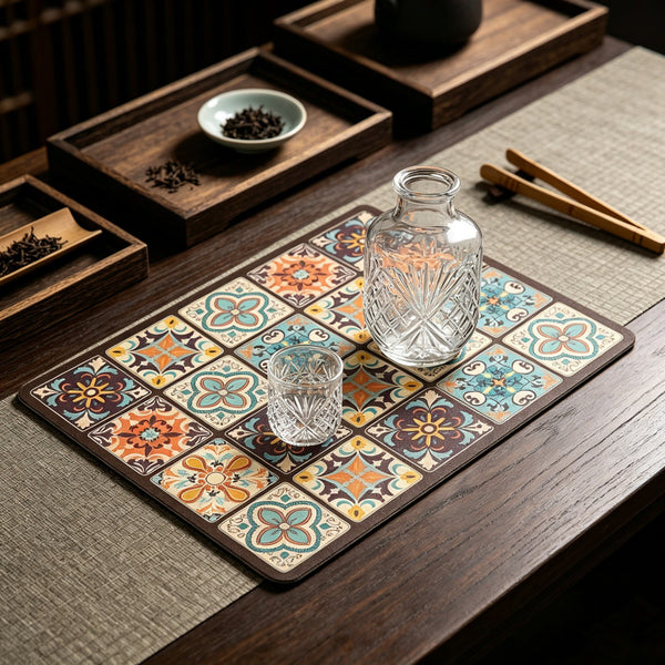 Dish Drying Mat with Glass Pitcher & Cup Set – Decorative Kitchen Draining Mat