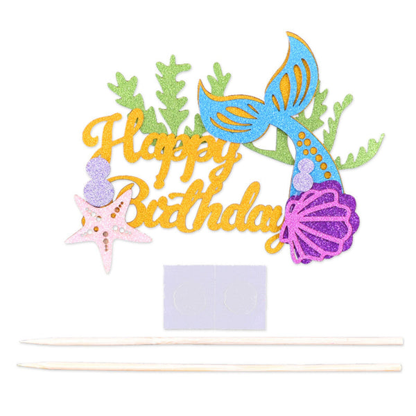 2PCS 16cm Mermaid Tail Cake Topper Sea Shell Party Supplies Happy Birthday Decor