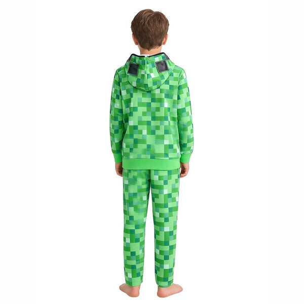 Child in Minecraft Creeper costume back view – green pixel hoodie