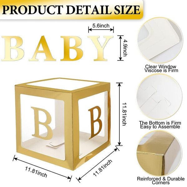 4Pcs/Set Balloon BABY Box Cube Clear Boxes Birthday Baby Shower Party Gift AU