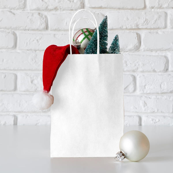 100PCS White Kraft Paper Bags with Handles Gift Shopping Carry Bags