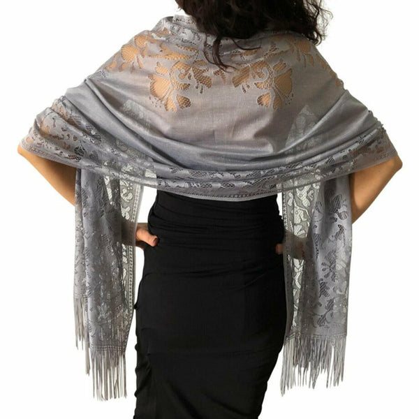 Women Soft Pashmina Scarf Lace Silk Feel Shawl Long Winter Neck Wrap