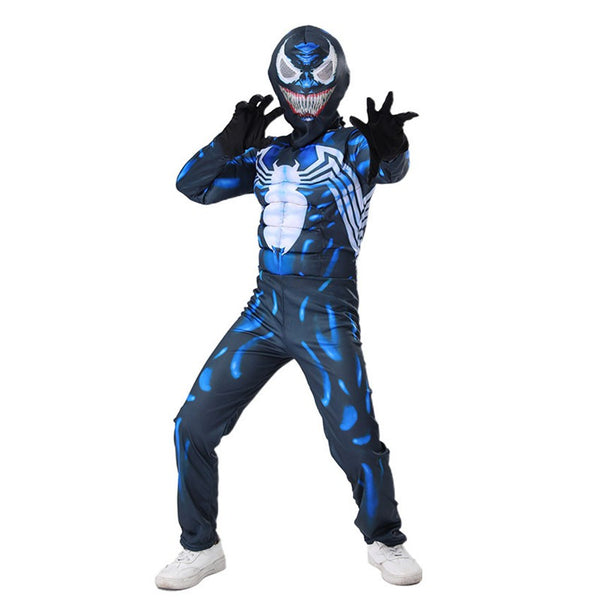 Kids Venom costume front view muscle jumpsuit with mask and gloves