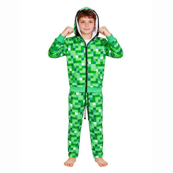 Child wearing Minecraft Creeper hoodie costume with hood up