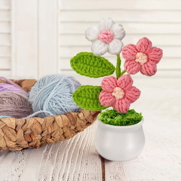 Handcrafted Crochet Faux Flower Potted Plant Knitted Artificial Decor
