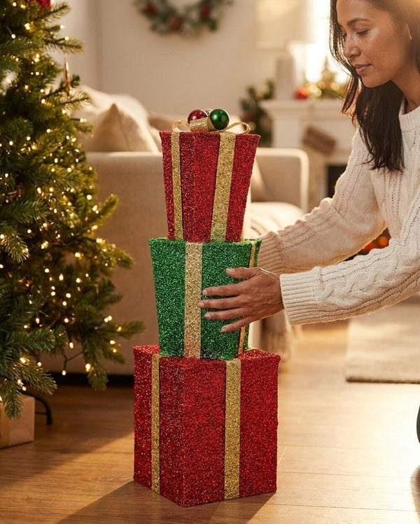 Tiered Red & Green Layered Tinsel Gift Boxes Large Display Decoration | 71cm