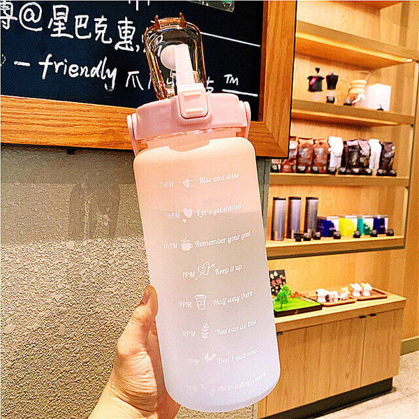 2L Sports Water Bottle Large Capacity Straw Time Motivational Cup Fitness Jugs