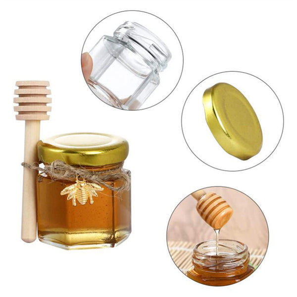 50Pack Hexagon Mini Glass Honey Jars with Wood Dipper Gold Lid Bee Pendants Rope