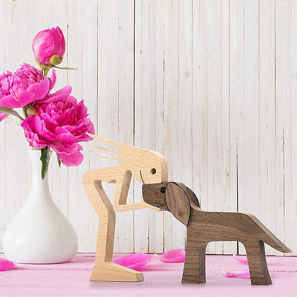 Handmade Wooden Statue, Sitting Woman and Dog, Wood Decor Craft DIY Home Decor