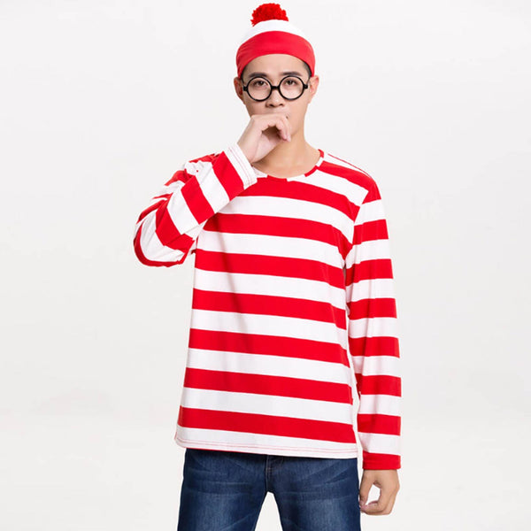 Women Men Kids Wheres Wally T-shirt Glasses Hat Socks Christmas Costume Cosplay