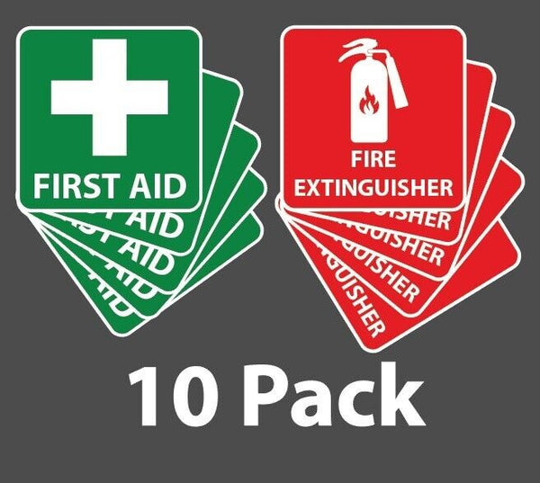 10pk First Aid / Fire Extinguisher Safety Sign OHS WHS waterproof Vinyl 100mm