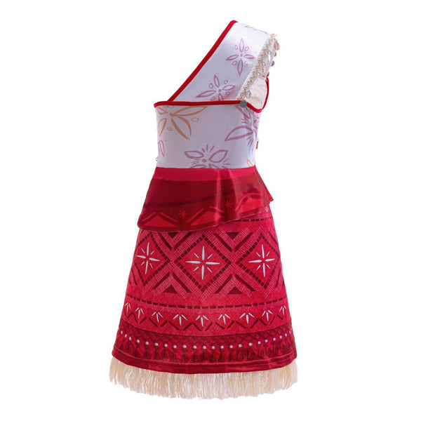 Moana costume dress side view showing tribal-print skirt and fringe