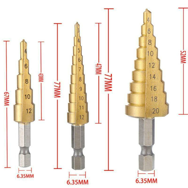 3pcs NEW HSS Steel Step Cone Drill Titanium Bit Set Hole Cutter 3/12mm 4-12/20mm