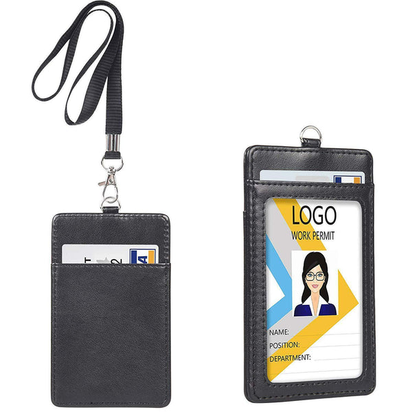 Leather ID Badge Lanyard Holder Vertical Double Card Wallet PU Office Bus Card