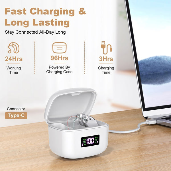 Fast charging rechargeable hearing aids - up to 12 hours use, Type-C charging case - Lets Party