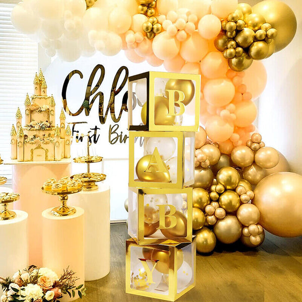 4Pcs/Set Balloon BABY Box Cube Clear Boxes Birthday Baby Shower Party Gift AU