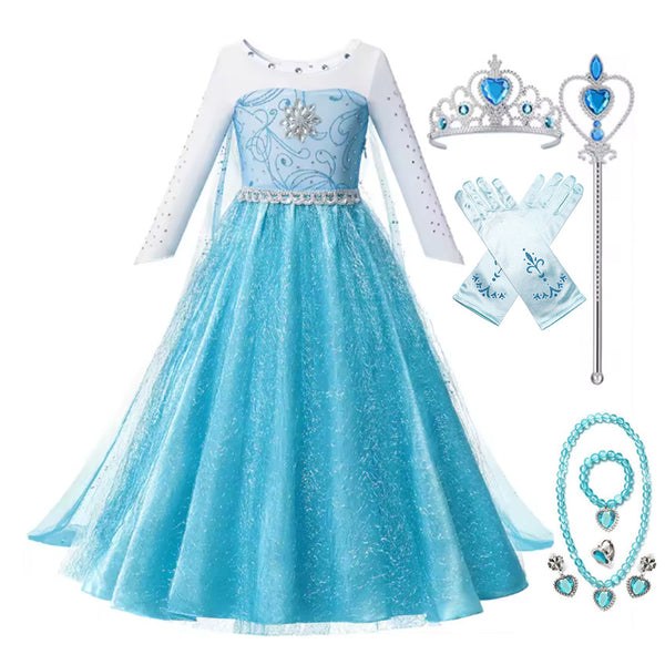 Kids Ice Princess Dress Costume Girls Fairy Tale Ball Gown Wig Book Week Party