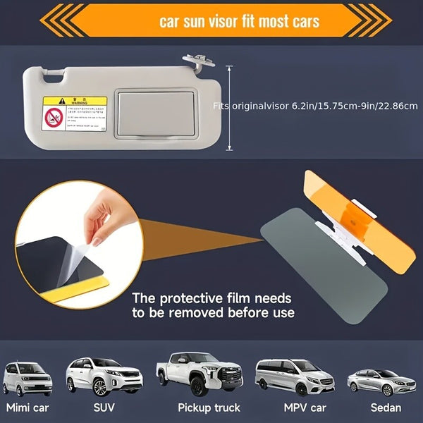 2-in-1 Car Anti-Glare Visor Day Night Driving Sun Shade Universal Clip-On Visor
