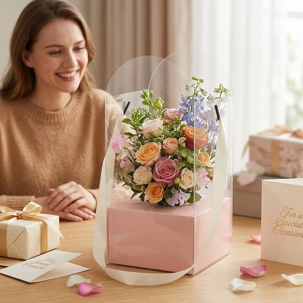 10PCS Clear Flower Gift Boxes Carry Handle Bouquet Packaging Boxes Pink White Beige