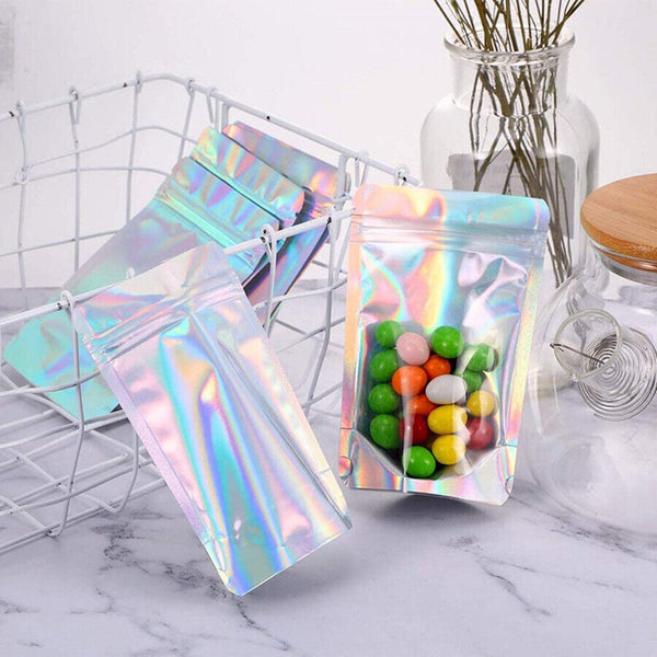 100PCS Rainbow Colour Holographic Storage Pouches Zipper Seal Foil Packaging Bag