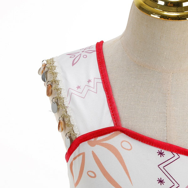 Moana costume one-shoulder bodice detail with embroidery and lace trim