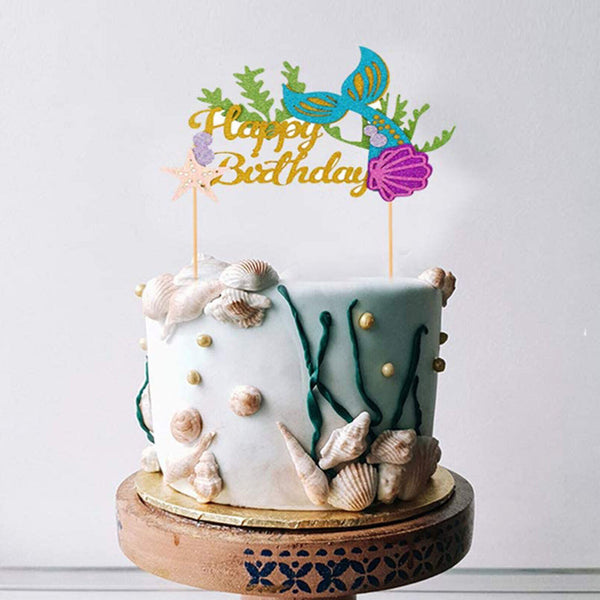 2PCS 16cm Mermaid Tail Cake Topper Sea Shell Party Supplies Happy Birthday Decor
