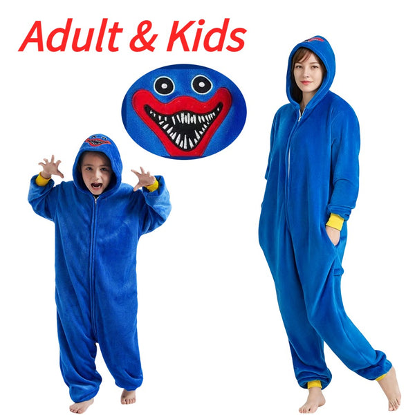 Poppy Playtime onesie front view showing hood and character face detail
