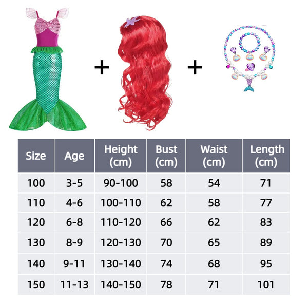 Ariel mermaid dress with red wig and jewellery set
