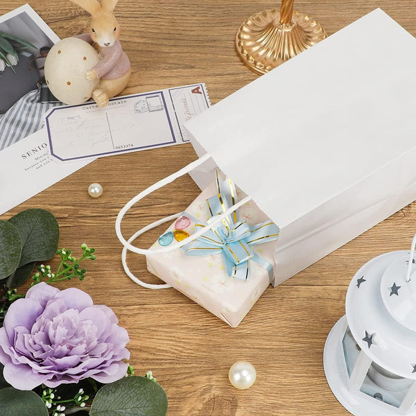100PCS White Kraft Paper Bags with Handles Gift Shopping Carry Bags