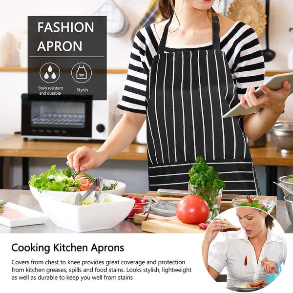 2pcs Black Striped Kitchen Aprons with Pockets | Washable Chef BBQ Cooking Aprons