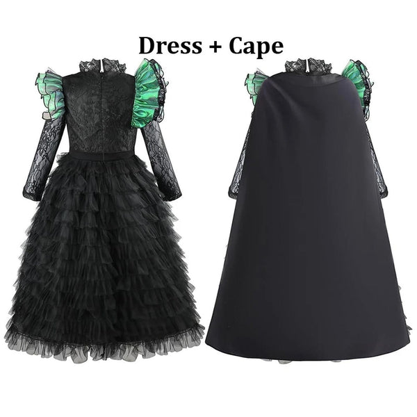 Kids Wicked Elphaba witch costume with cape - black layered dress - Lets Party