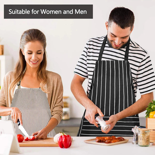 2pcs Black Striped Kitchen Aprons with Pockets | Washable Chef BBQ Cooking Aprons
