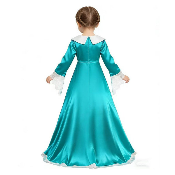 Back view of girl wearing teal Rosalina princess costume dress