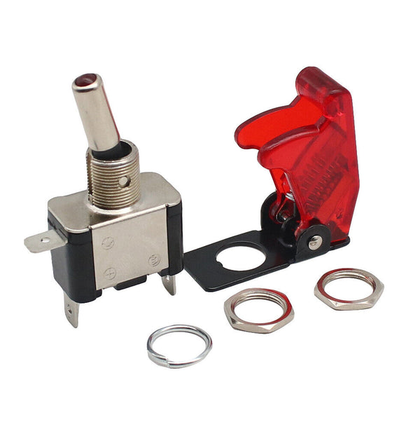 On/Off Toggle Switch RED LED Light w/ Missile Cover Heavy Duty SPST 12V/20A