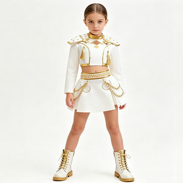 Kids KPop Demon Hunters Rumi costume with gold shoulder armour worn by girl - Lets Party