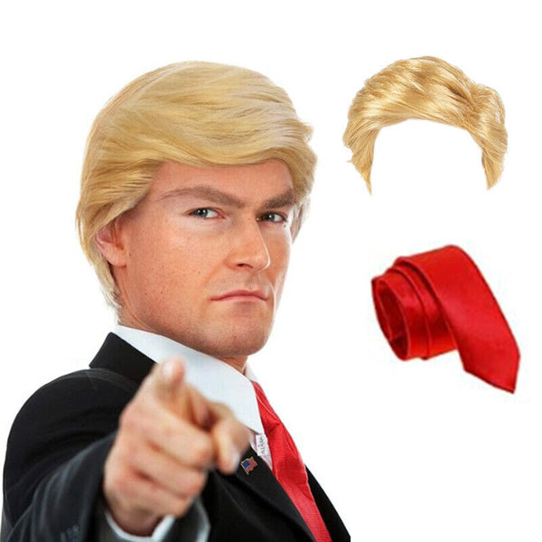 USA President Fancy Dress Costume Wig Red Tie Blonde Donald Trump Cosplay Adults