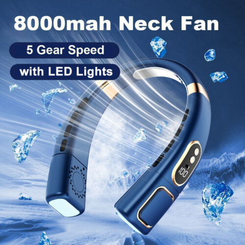 8000mAh Hanging Cooler with LED Lights Neck Fan Cooling Neckband Digital Display
