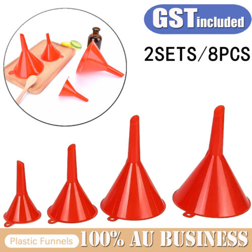 8Pcs Red Medium Liquid Plastic Funnel kitchen Funnel Set Variety Large Small AUS