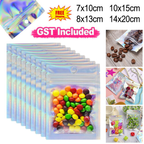100PCS Foil Packaging Bags Zipper Seal Storage Pouch Holographic Rainbow Colour