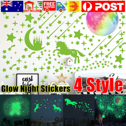 Glow In The Dark Rainbow Moon Stars Unicorn Wall Sticker Kids Room Fun Decor