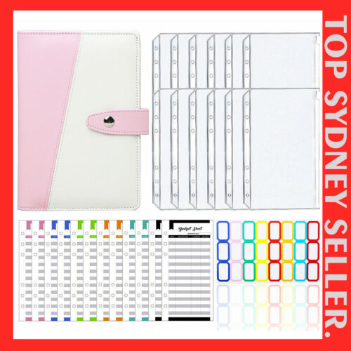 PU Leather Notebook Binder Pink A6 Budget Planner Organizer Cover Pockets Sheets