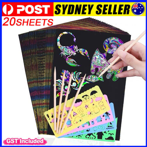 20X Sheets Scratch Paper Creative Art Rainbow Paper Sketch Book+Bamboo Pen Ruler
