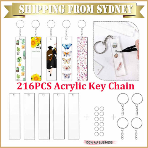 216 PCS Rectangle Acrylic Key Chain Blank Clear Keyring KeyChain Pendant DIY Kit